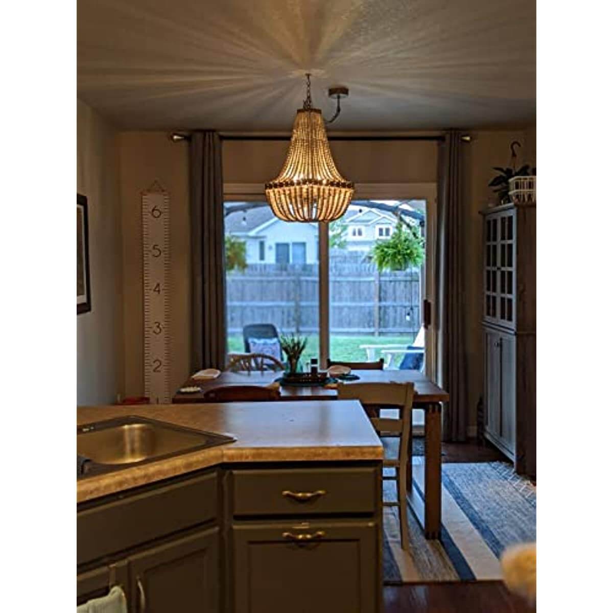 Wood Bead Chandelier Gray White Lamp 5 Light Fixtures hanging in a cozy kitchen setting.