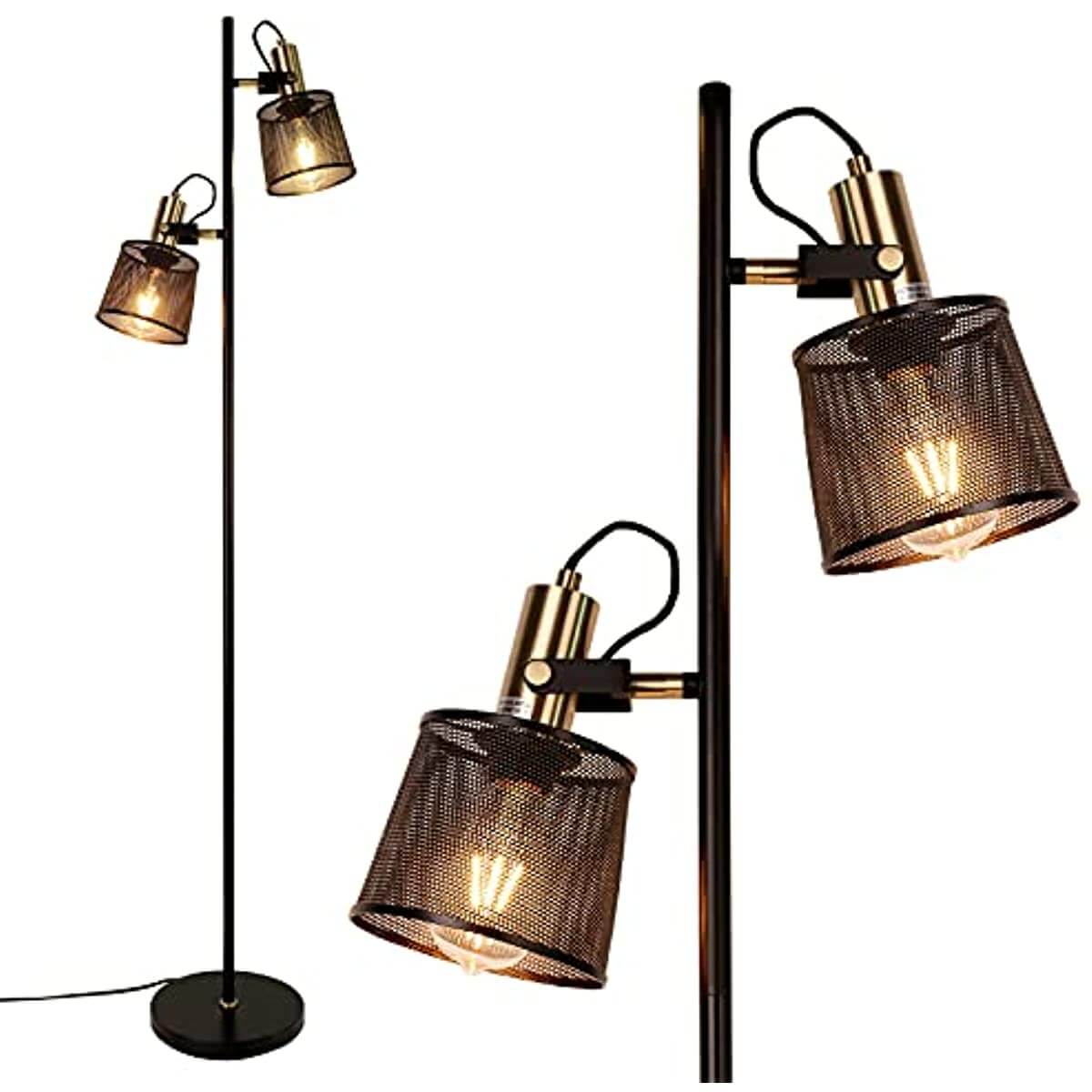 Newrays Industrial Iron Floor Lamps with Adjustable Shade featuring two adjustable mesh shades and black iron structure.