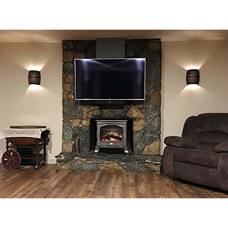 Wood Wine Barrel Wall Sconce,Hard Wired,2 Pack illuminating a cozy interior with a TV and fireplace.