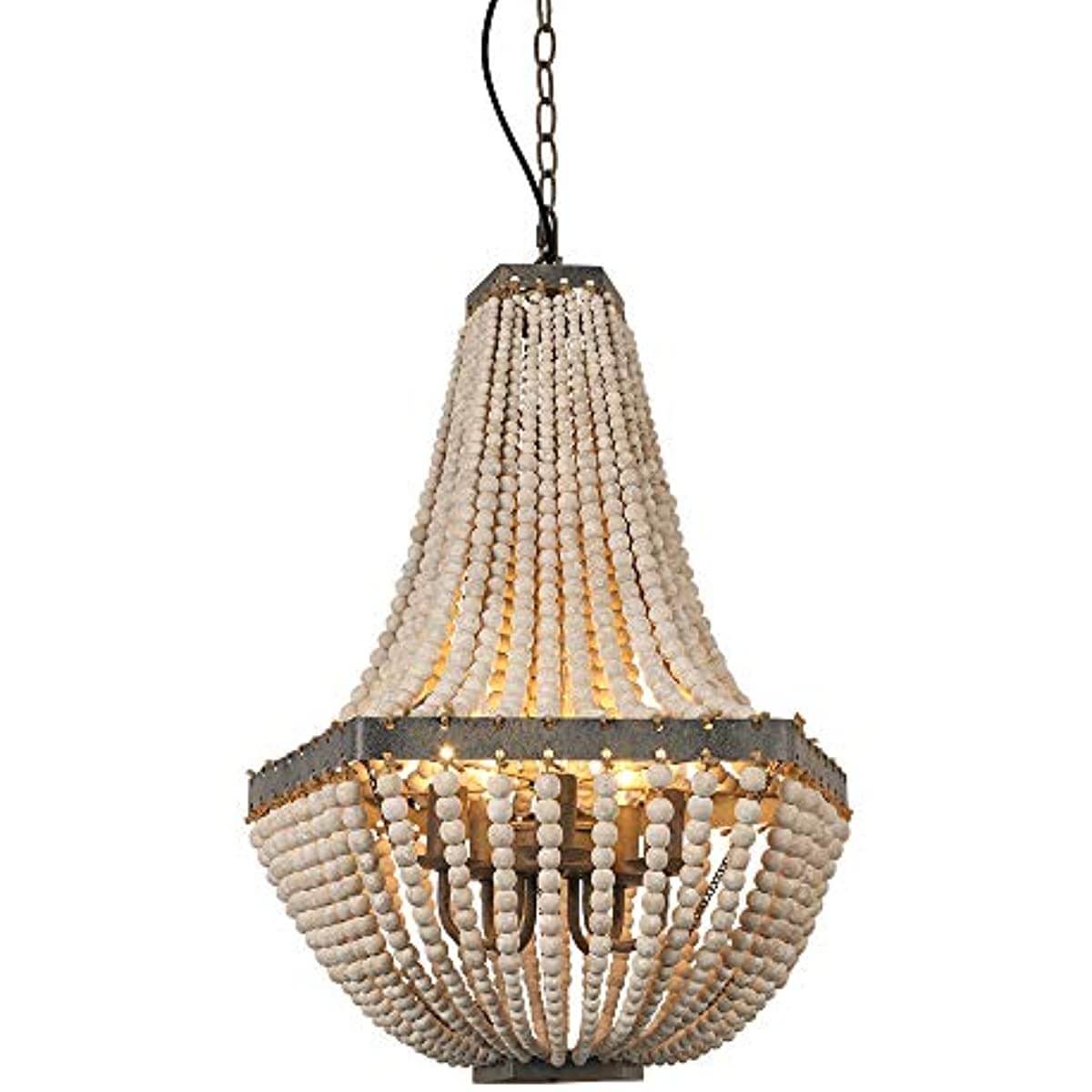 Wood Bead Chandelier Gray White Lamp 5 Light Fixtures with decorative bead design and warm lighting.
