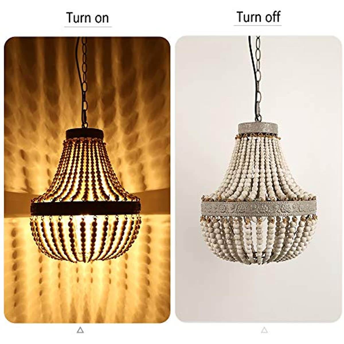 Wood Bead Chandelier Pendant Gray White Finishing, illuminated and unlit view of a stylish pendant light.