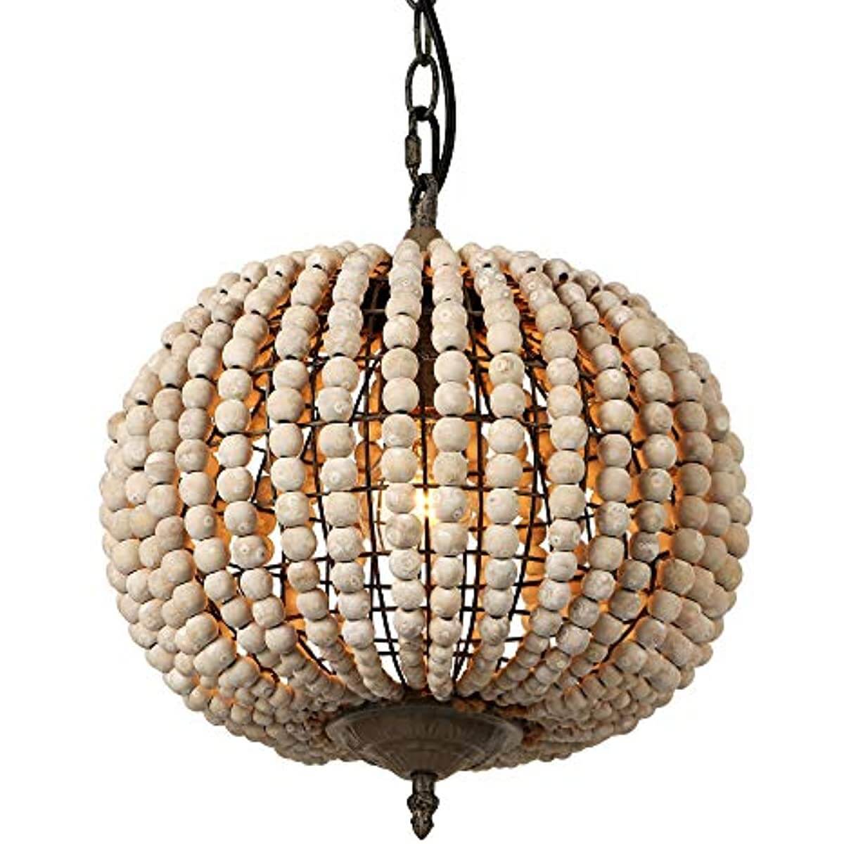 Globe Wood Bead Chandelier Pendant Gray White Finishing showcasing artisan design with elegant wood bead detailing.