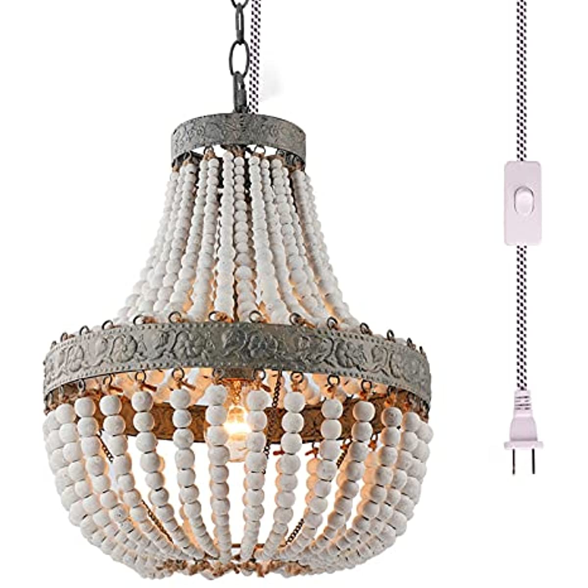 Newrays Bohemian Boho Beachy Wood Bead Pendant Light Fixtures,Plug in