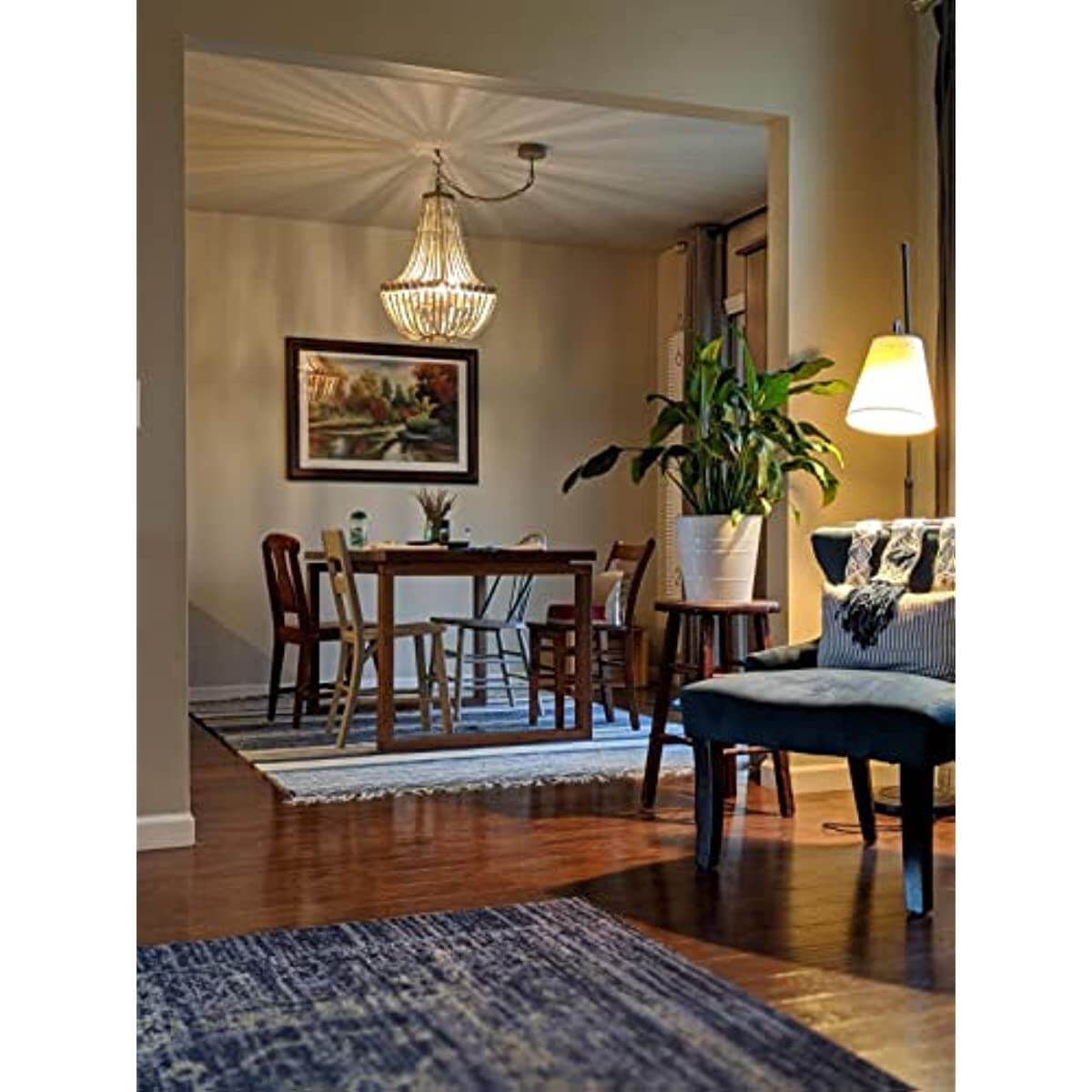 Wood Bead Chandelier Gray White Lamp 5 Light Fixtures illuminating a cozy dining area with wooden furniture.