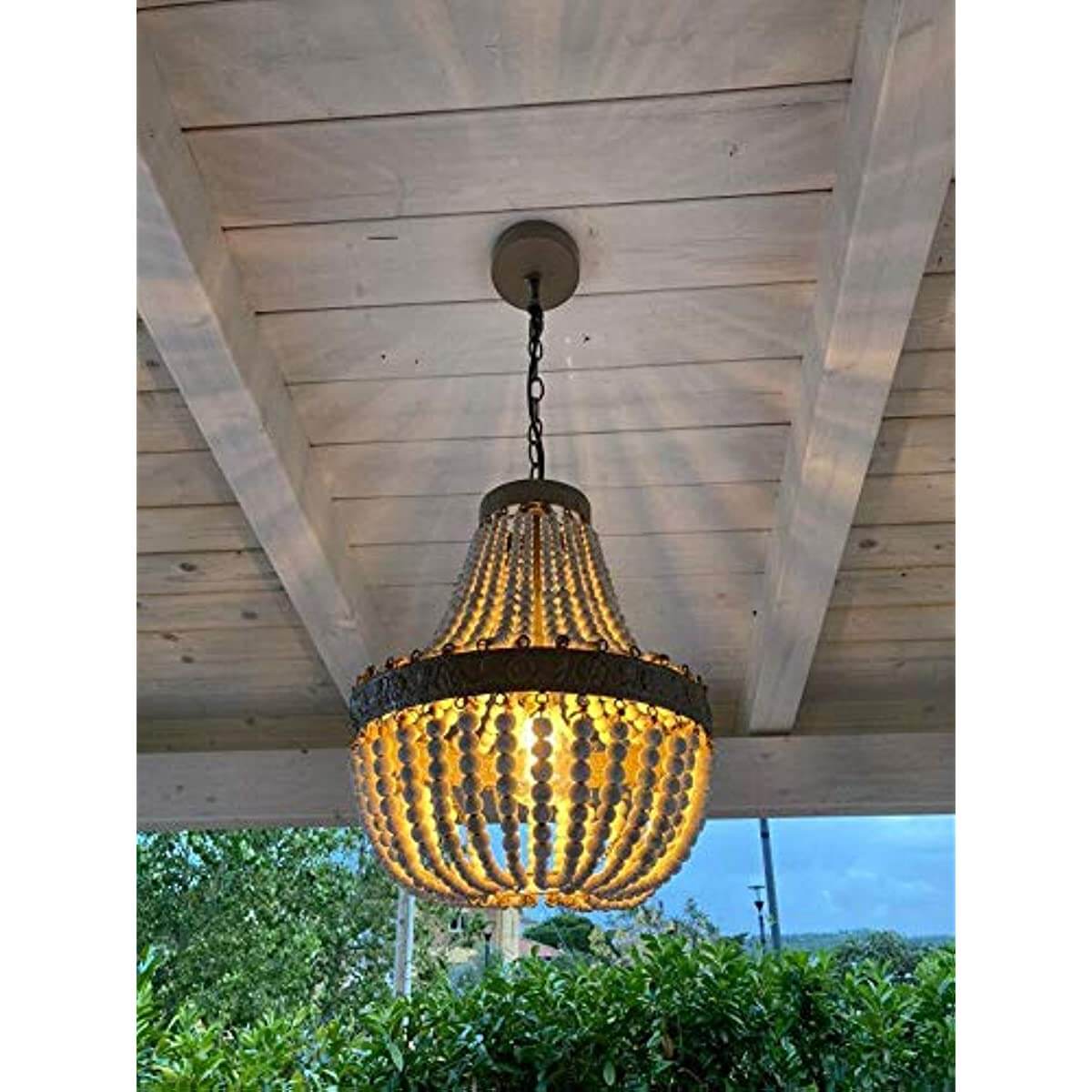 Wood Bead Chandelier Pendant Gray White Finishing hanging beautifully in a well-lit space.