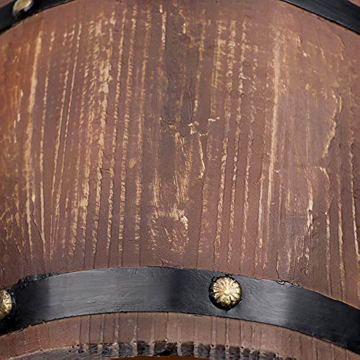 Close-up of Newrays Antique Artificial Resin Wine Barrel Pendant Lamp showcasing the wood-like texture and metal accents.