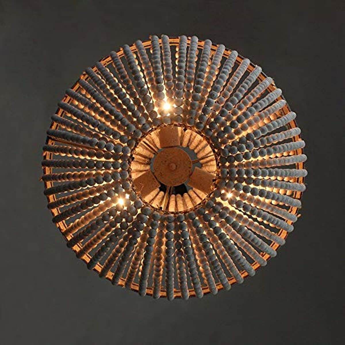 Newrays Wood Beaded Chandelier Pendant Three Lights showcasing a round design with glowing beads.