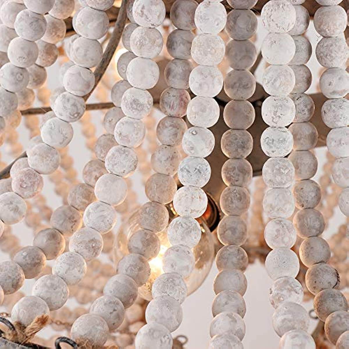 Newrays Wood Beaded Chandelier Pendant Three Lights with white beads and soft illumination.