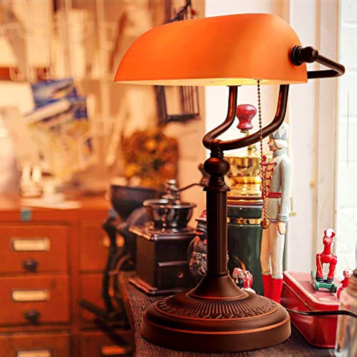 Newrays Matted Orange Glass Banker Desk Lamp with stylish design and warm lighting effect.