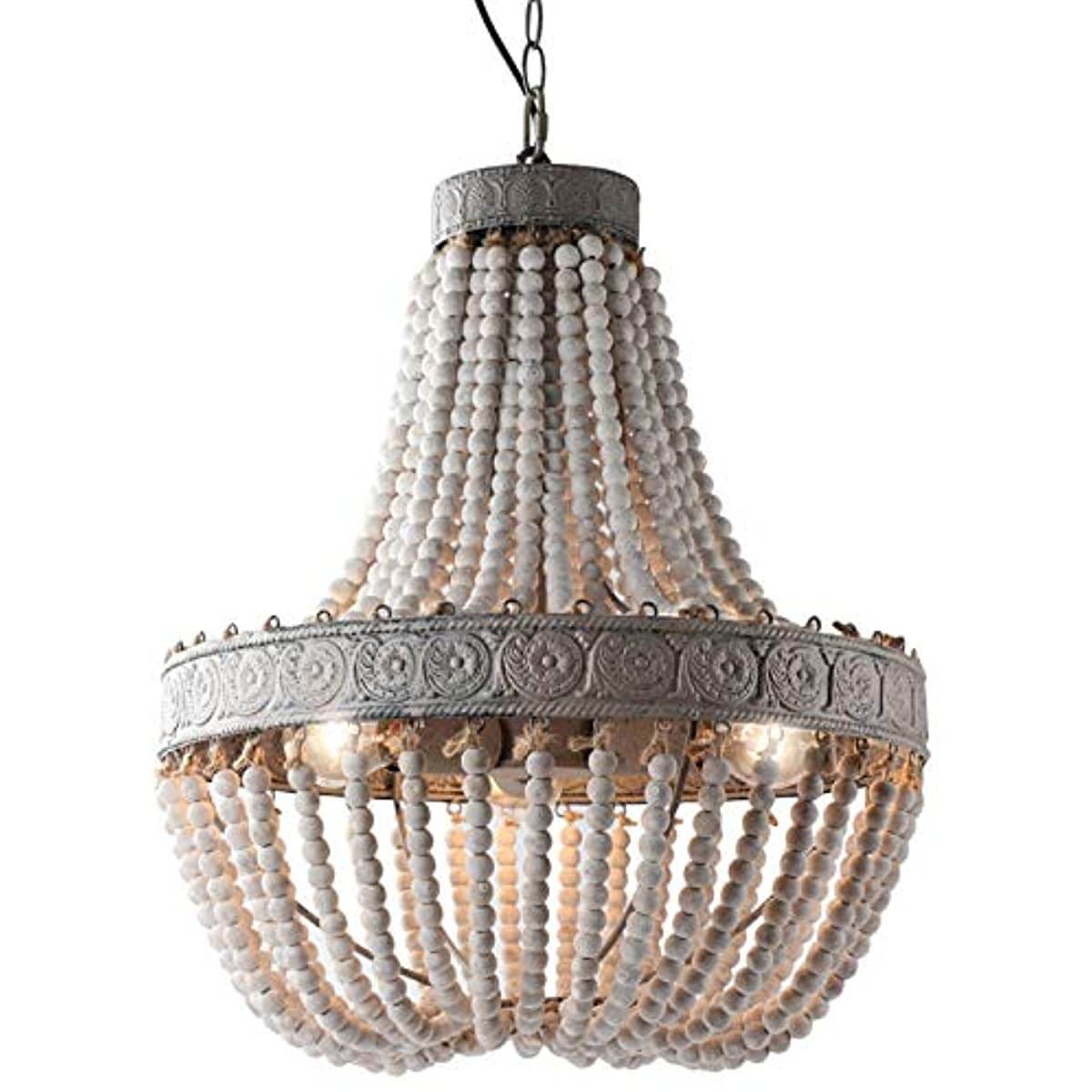 Newrays Wood Beaded Chandelier Pendant Three Lights with wooden beads and metallic accents, perfect for dining spaces.