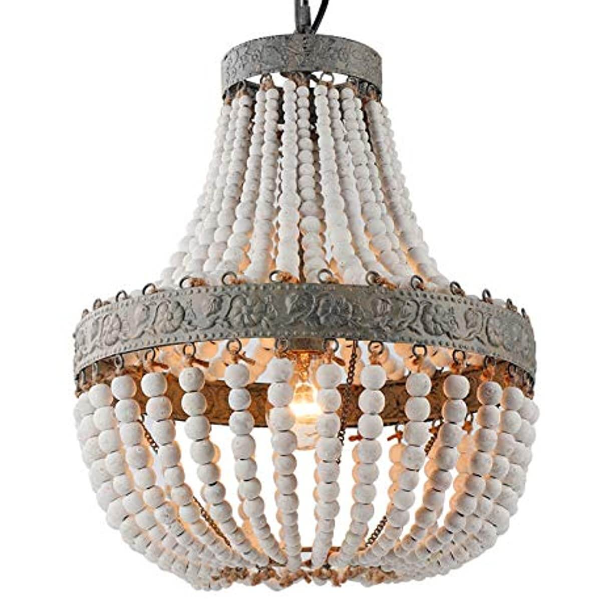 Wood Bead Chandelier Pendant Gray White Finishing with intricate bead design and metal frame.