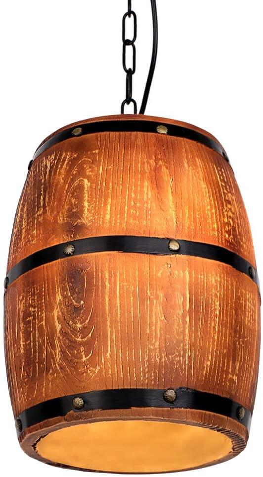 Newrays Antique Artificial Resin Wine Barrel Pendant Lamp featuring a rustic design with wood and metal accents.