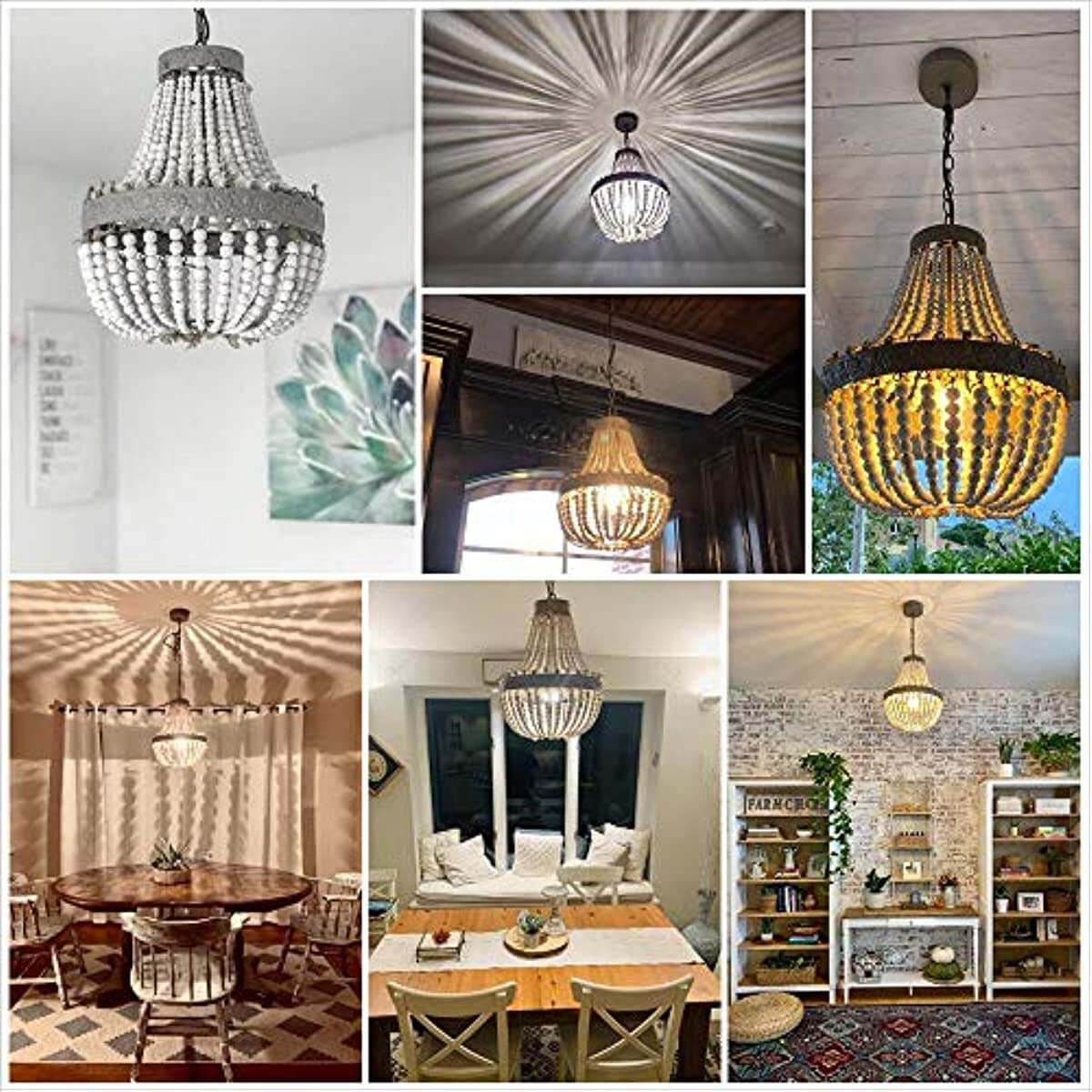 Wood Bead Chandelier Pendant Gray White Finishing in various stylish home settings.