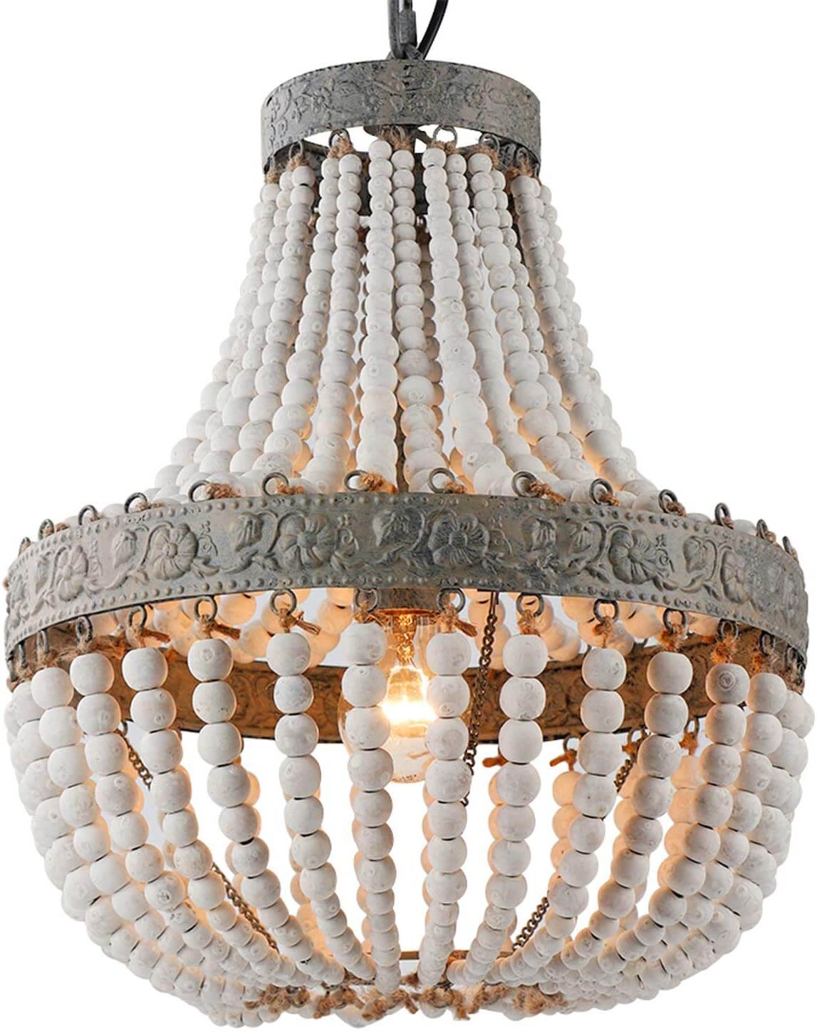 Wood Bead Chandelier Pendant Gray White Finishing with beaded design and vintage metal detailing.