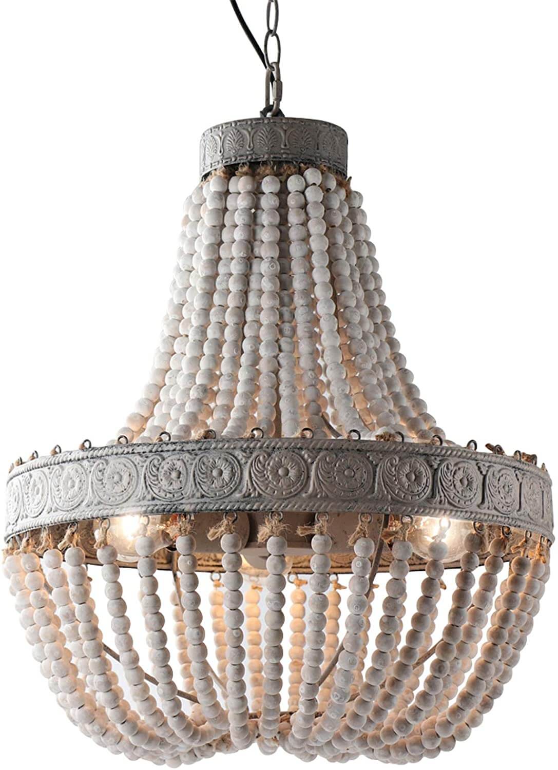 Newrays Wood Beaded Chandelier Pendant Three Lights with white beads and metal detailing.
