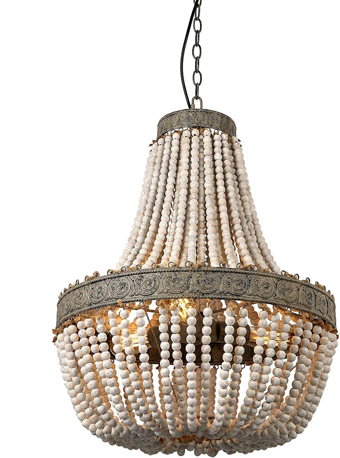 Newrays Wood Beaded Chandelier Pendant Three Lights hanging fixture with white beads and ornate base.