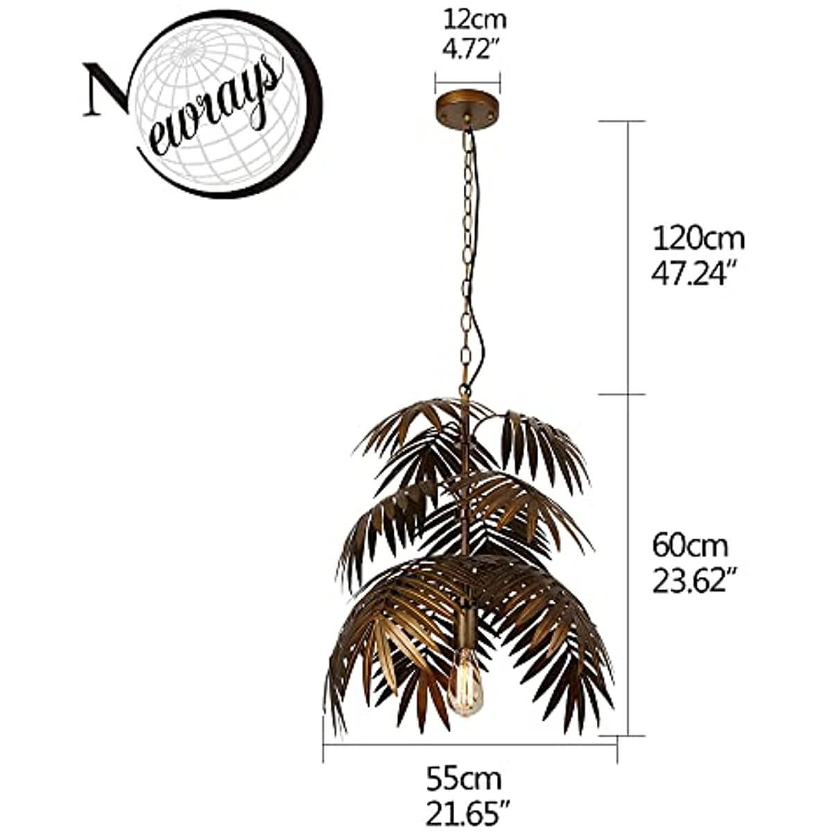 Adjustable Tropical Coconut Leaves Chandelier Unique Rustic Tree Lamps with dimensions and Newrays logo.