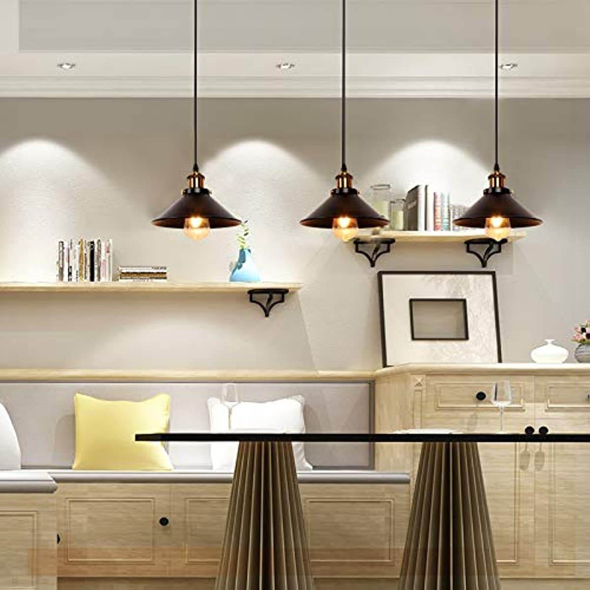 Black Iron Kitchen Restaurant Bar Pendant Light hanging in a modern kitchen with wooden shelves and stylish decor.