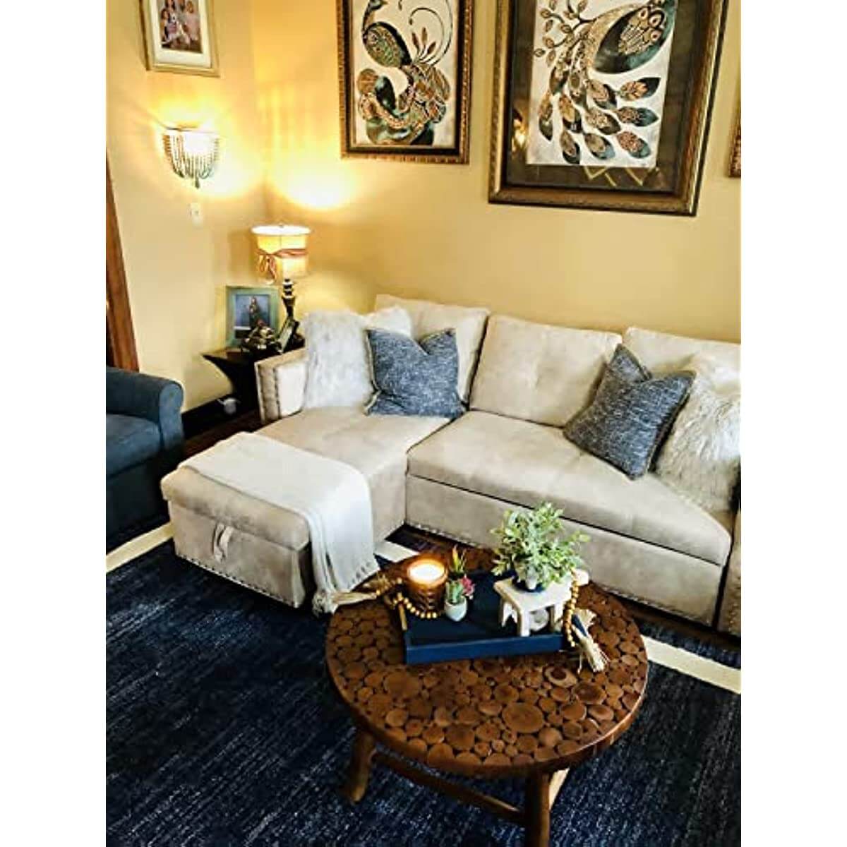 Cozy living room featuring a 2 Pack Wood Bead Wall Lamp, Hard Wired, E12/E14 Socke with elegant decor.