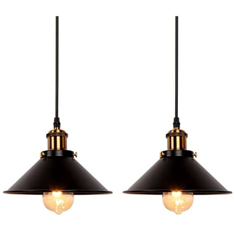 Industrial Retro Black Iron Pendant Light,2 Pack showcasing vintage design with brass lamp holders and black shades.