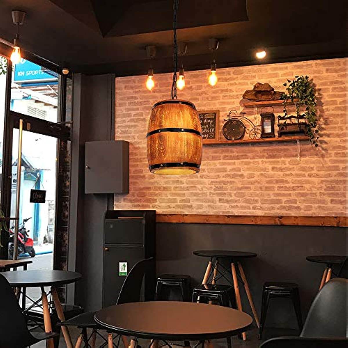 Newrays Antique Artificial Resin Wine Barrel Pendant Lamp hanging in a stylish cafe interior.