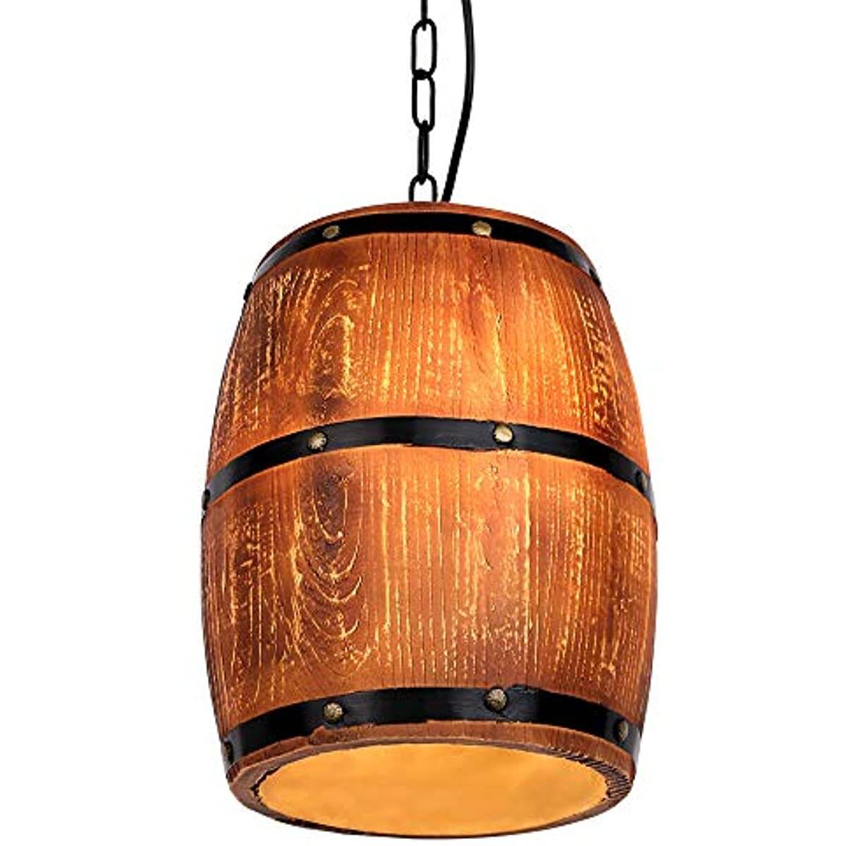 Newrays Antique Artificial Resin Wine Barrel Pendant Lamp hanging from a chain, featuring a rustic wood texture.