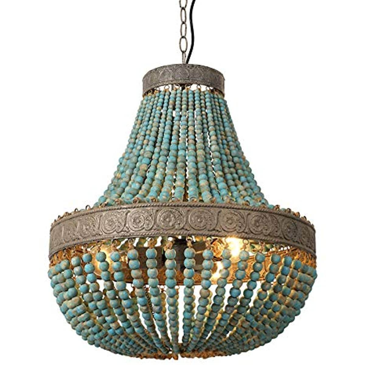 Newrays Blue Wood Bead Chandelier Pendant Lights with intricate beading and adjustable chain.