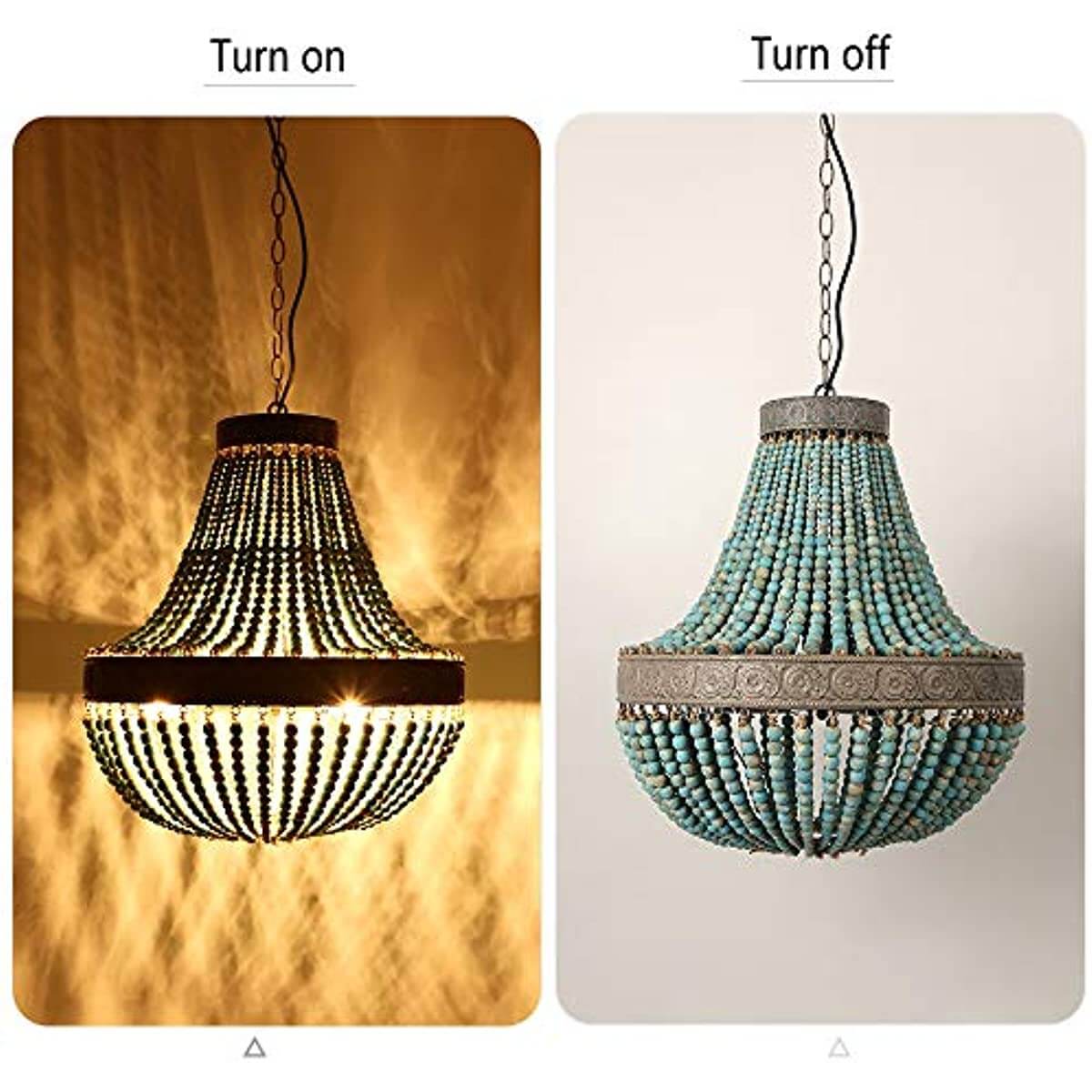Newrays Blue Wood Bead Chandelier Pendant Lights lighting on and off display.