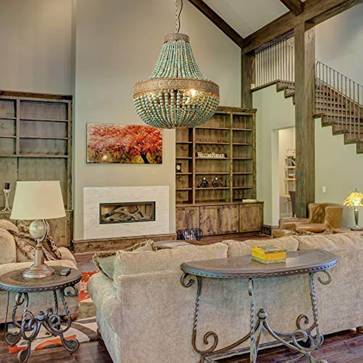 Newrays Blue Wood Bead Chandelier Pendant Lights hanging in a beautifully designed living room.