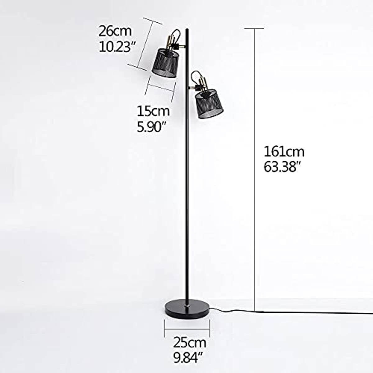 Newrays Industrial Iron Floor Lamps with Adjustable Shade with dimensions and adjustable features.