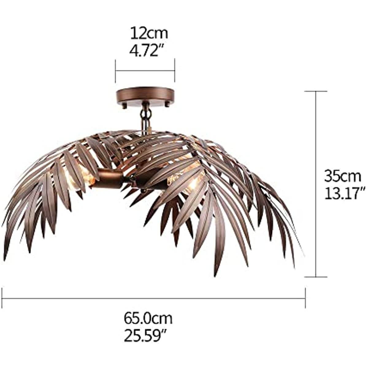 Tropical coconut ceiling light featuring decorative bronze palm leaves, dimensions 65cm x 35cm, ideal for stylish decor.