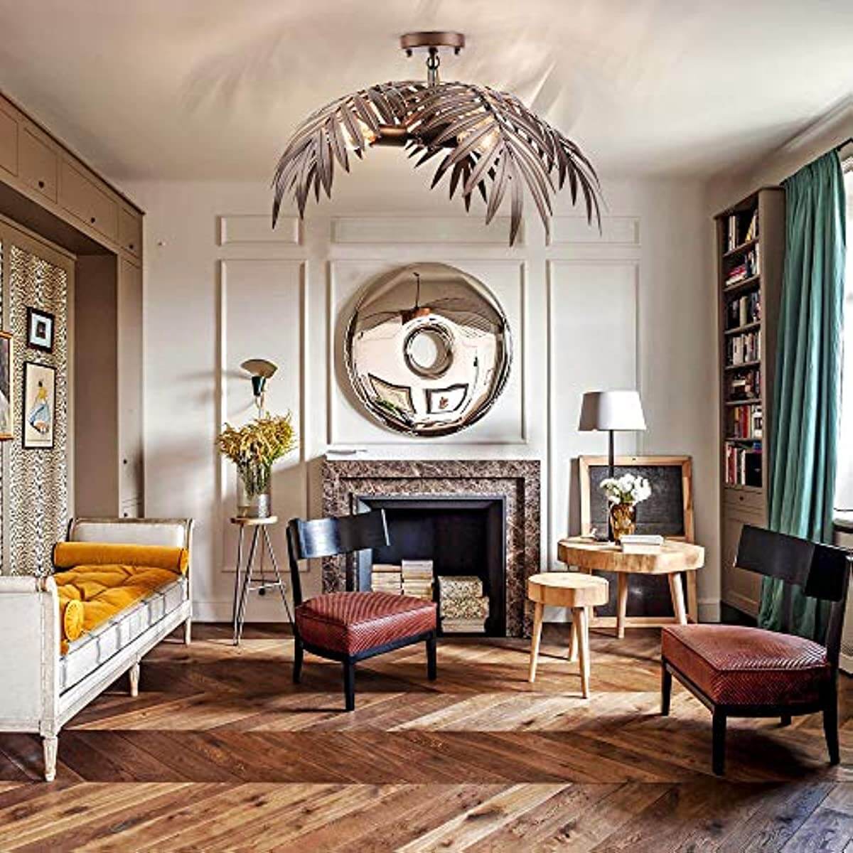 Tropical coconut ceiling light illuminating a stylish living room with vintage decor and warm wooden flooring.