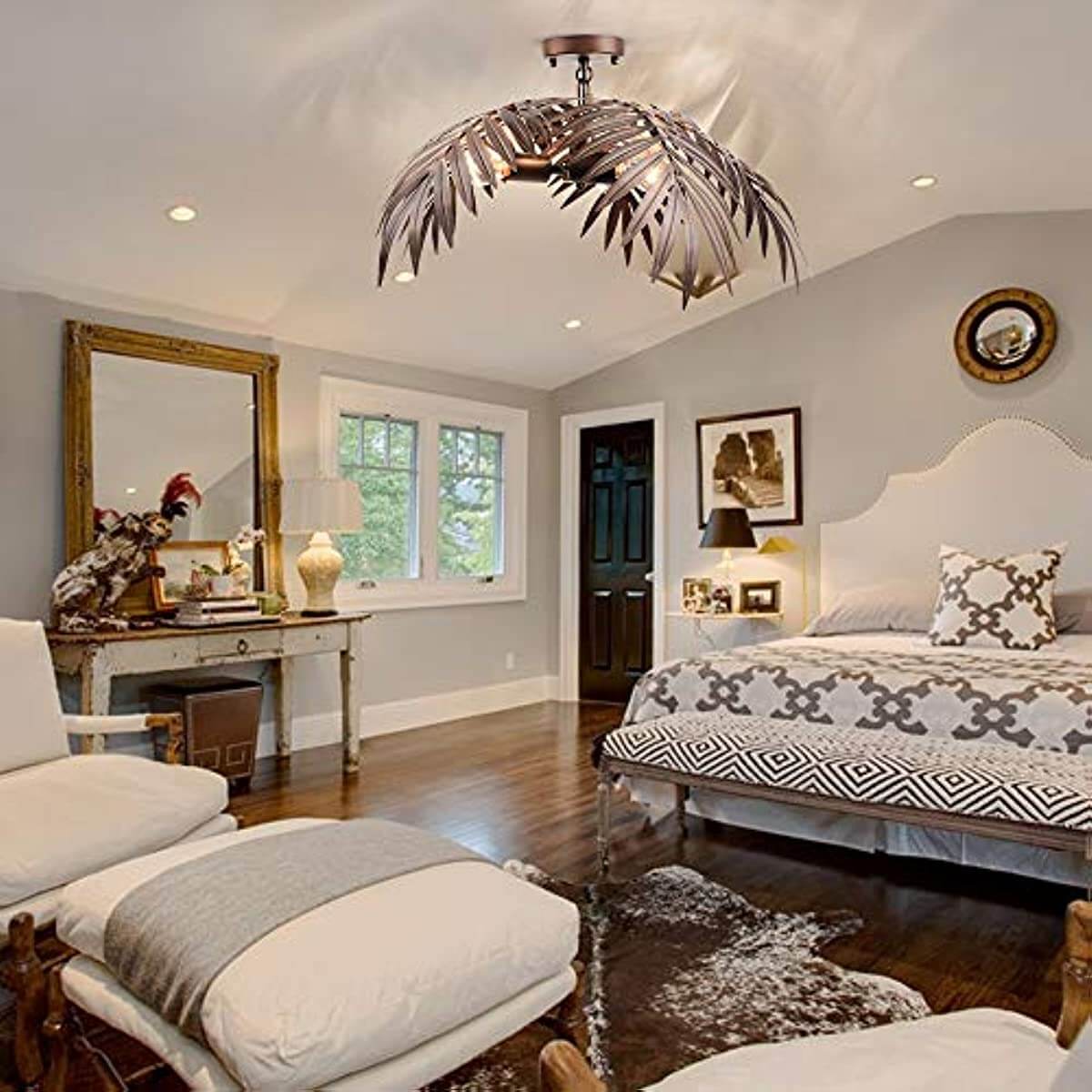 Tropical coconut ceiling light with leaf design illuminating a cozy bedroom, enhancing vintage charm and artistic flair.