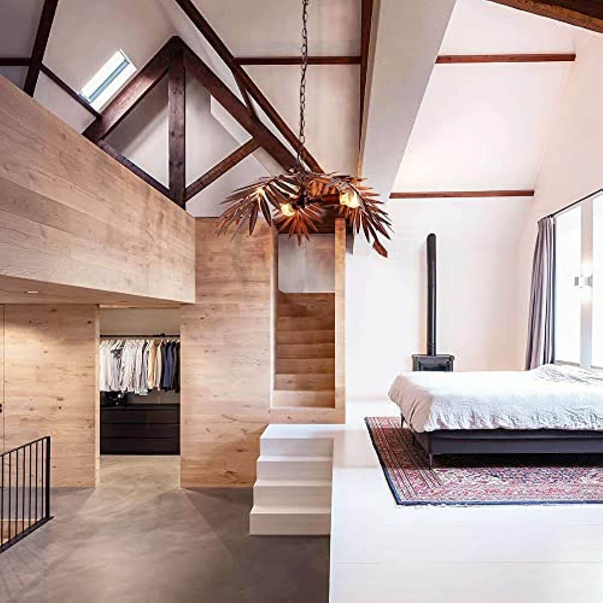 Tropical Coconut Leaves Pendant lamp Tree Lamps,Plug in beautifully illuminating a modern bedroom space.