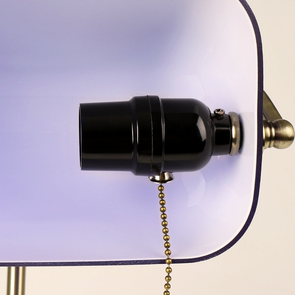 Blue Glass Banker Desk Lamp with Pull Chain Switch