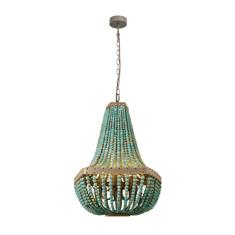 Wood Bead Pendant Lamp Gray Blue 5 Lights Fixtures