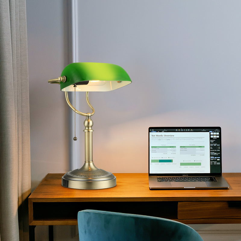 Green Glass Banker Lamp,USB Fast Charging Port