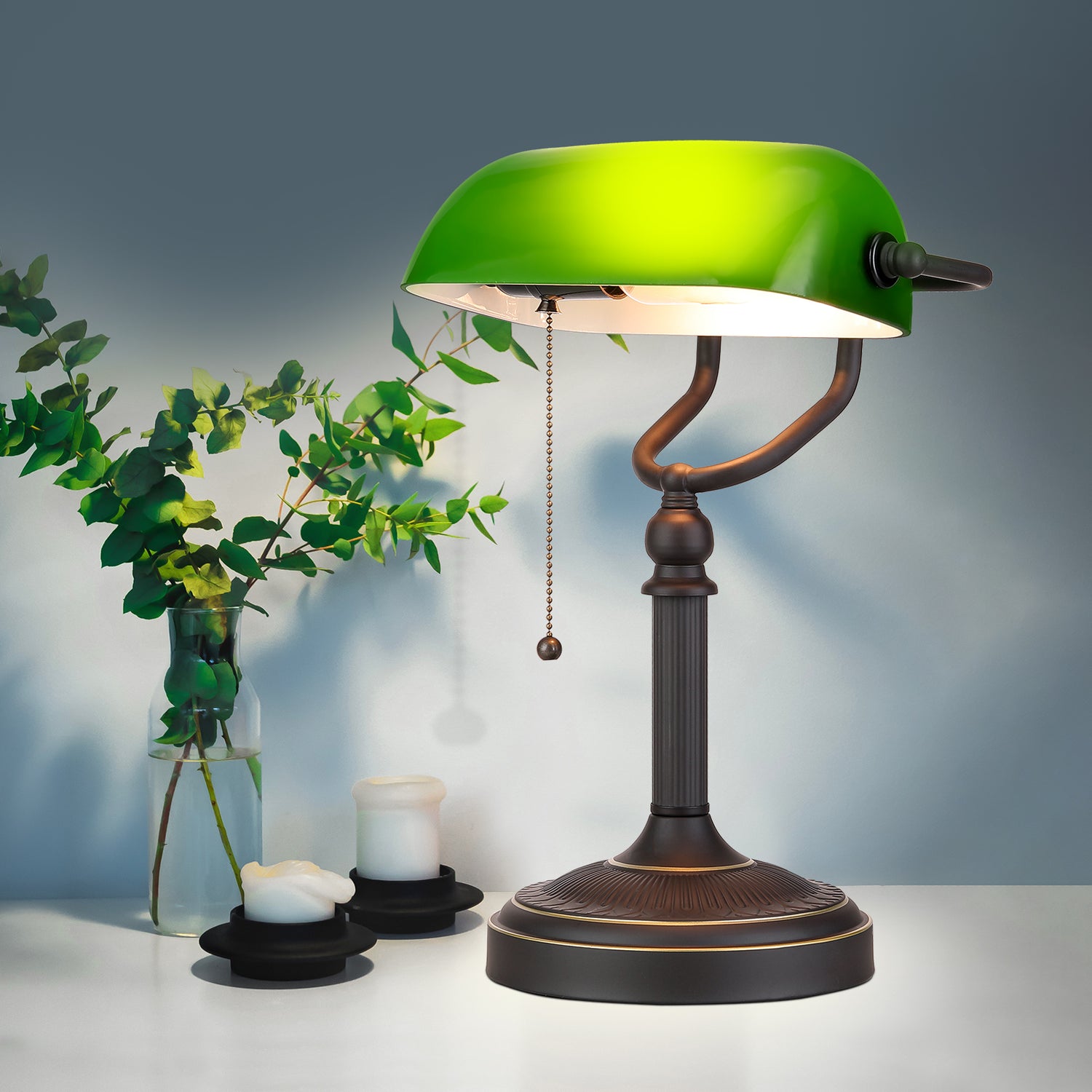 Antique Green Glass Bankers Desk Lamp with Pull Chain Switch Plug in ...