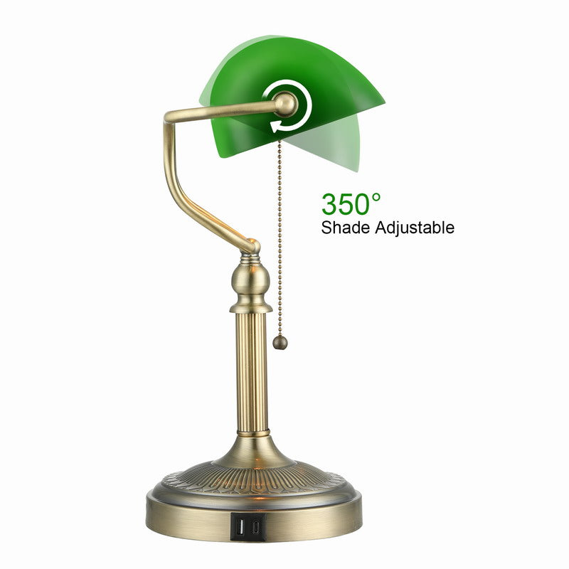 Green Glass Banker Lamp,USB Fast Charging Port