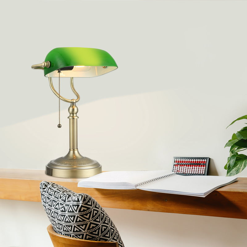 Green Glass Banker Lamp,USB Fast Charging Port