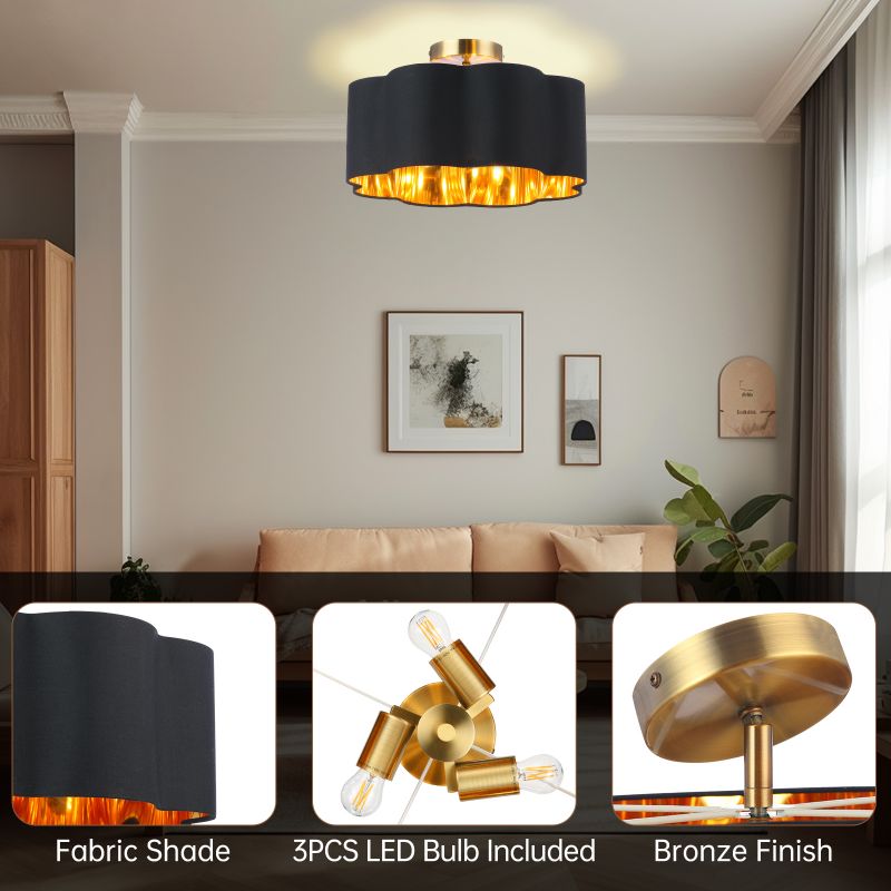 3-Lumoj Nigra Ŝtofa Ombro Semi Flush Mount Plafona Lumo 