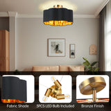 3-Lumoj Nigra Ŝtofa Ombro Semi Flush Mount Plafona Lumo 