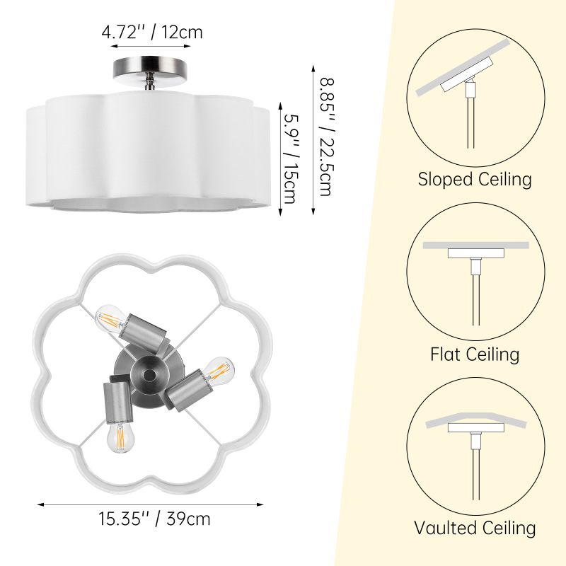 3-Lumoj Blanka Ŝtofa Ombro Semi Flush Mount Plafona Lumo 