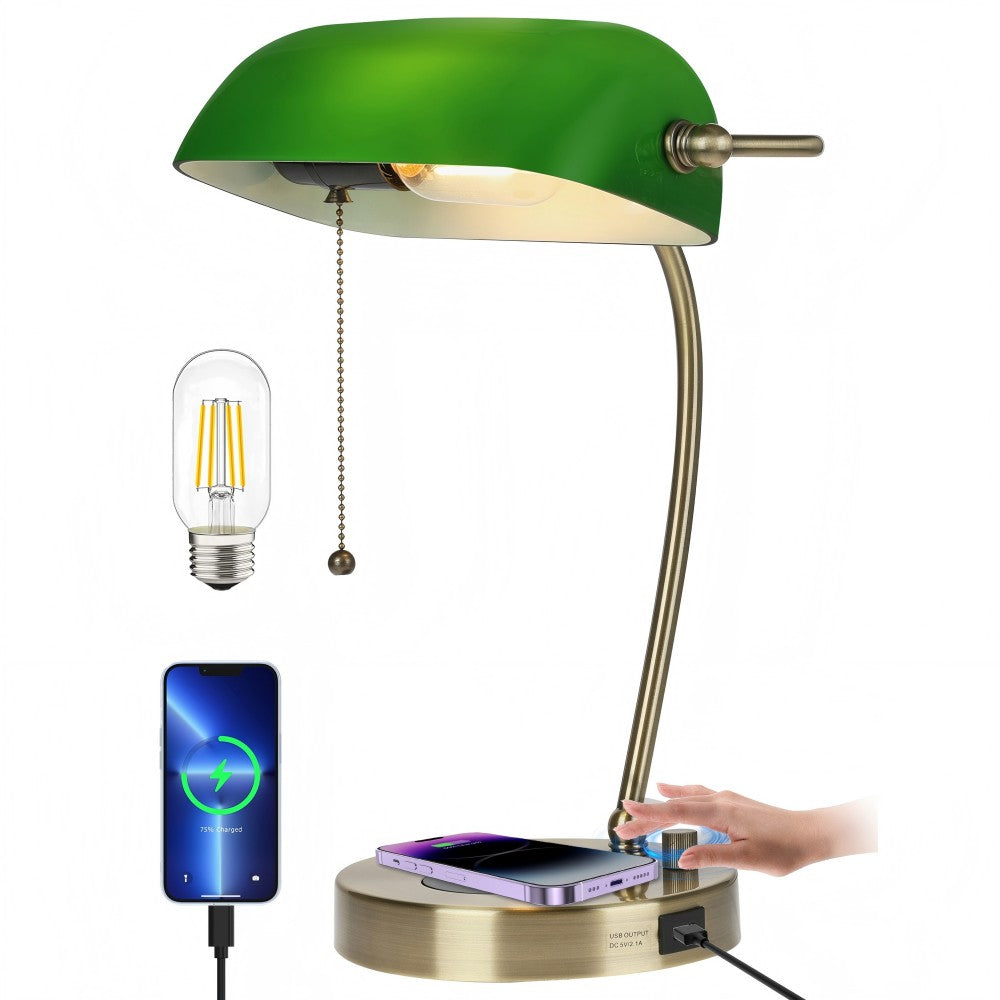 Newrays Green Glass Bankers Desk Lamp with Wireless Charger, USB Charging Port for Home Office,Stepless Dimmable Table Lamp Plug in Fixture,LED Bulb Included