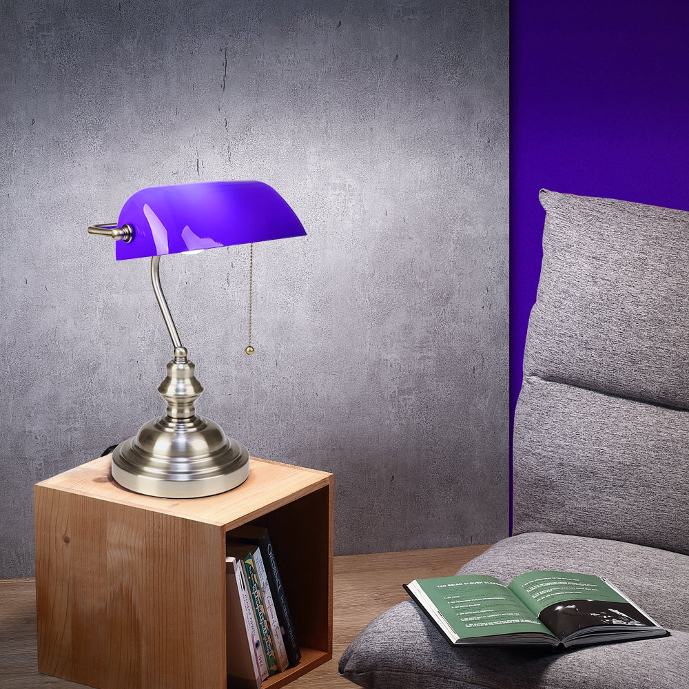 Blue Glass Banker Desk Lamp with Pull Chain Switch