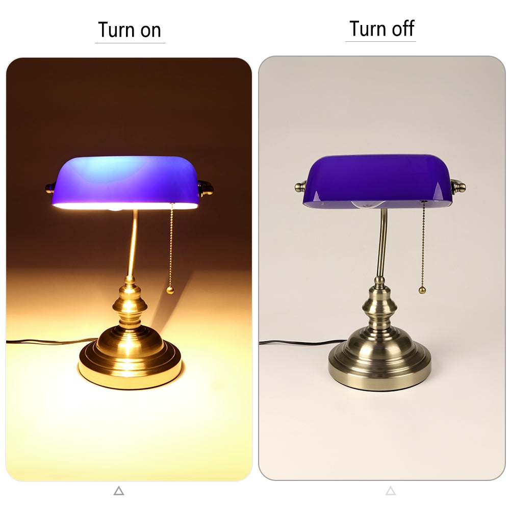 Blue Glass Banker Desk Lamp with Pull Chain Switch