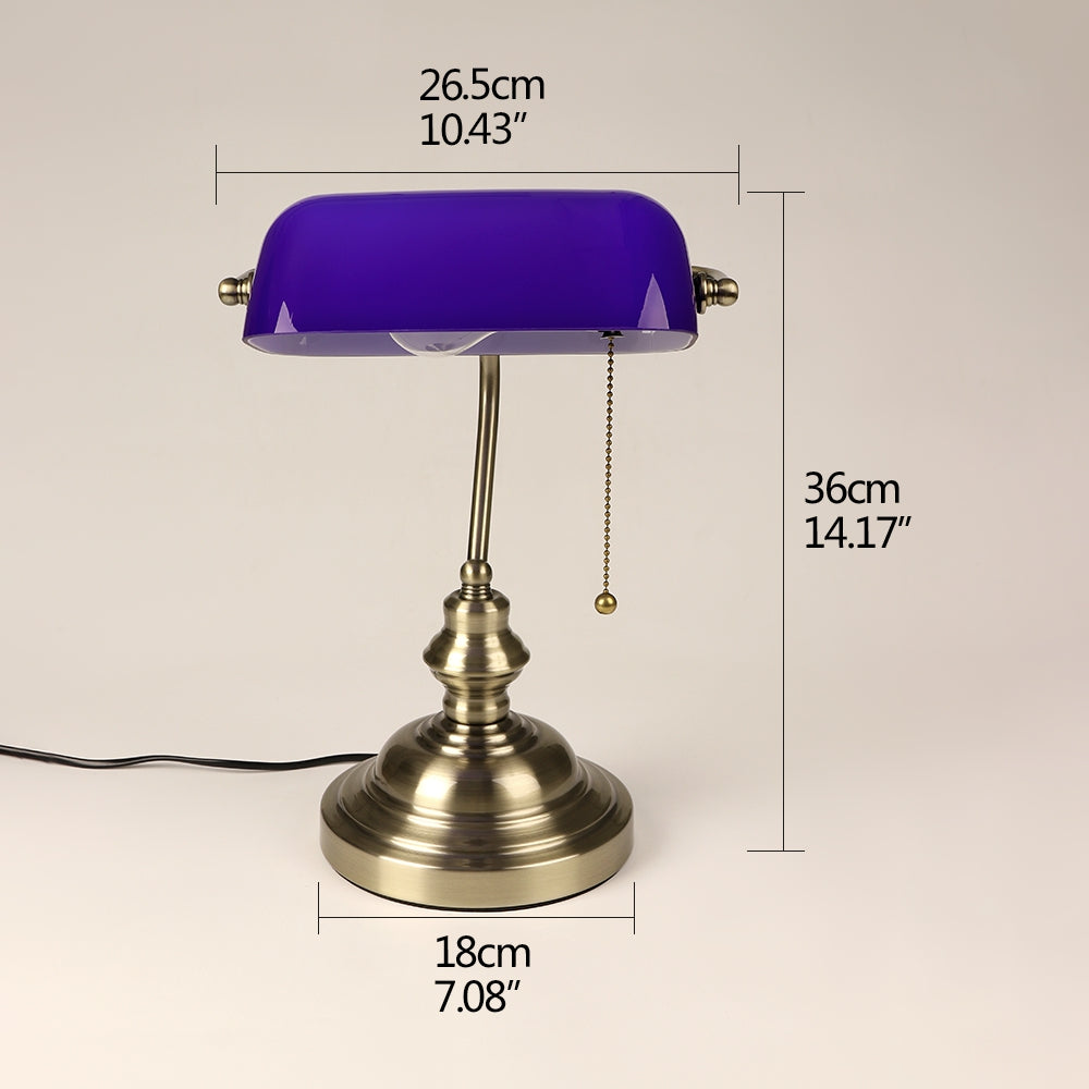 Blue Glass Banker Desk Lamp with Pull Chain Switch