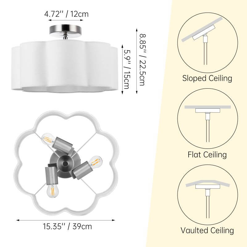 3-Lights White Fabric Shade Semi Flush Mount Ceiling Light Fixture dimensions and installation options