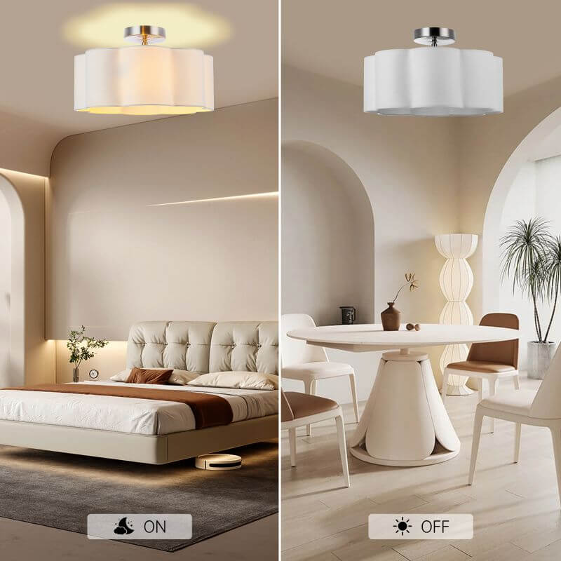 3-Lights White Fabric Shade Semi Flush Mount Ceiling Light Fixture in a modern interior with ON and OFF display.