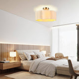 3-Lights White Fabric Shade Semi Flush Mount Ceiling Light Fixture in a modern bedroom interior design.